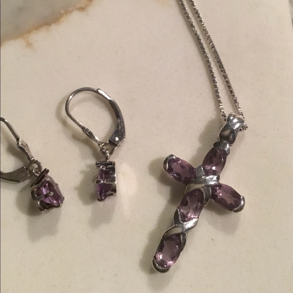 🎁Amethyst in Sterling Silver Cross Pendant w/Matching Earrings🎁